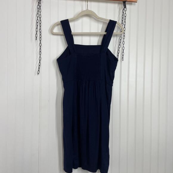 NWT H Halston Navy Blue Stretch Linen Squared Neck Smocked Mini Dress Size 2 - Picture 3 of 7